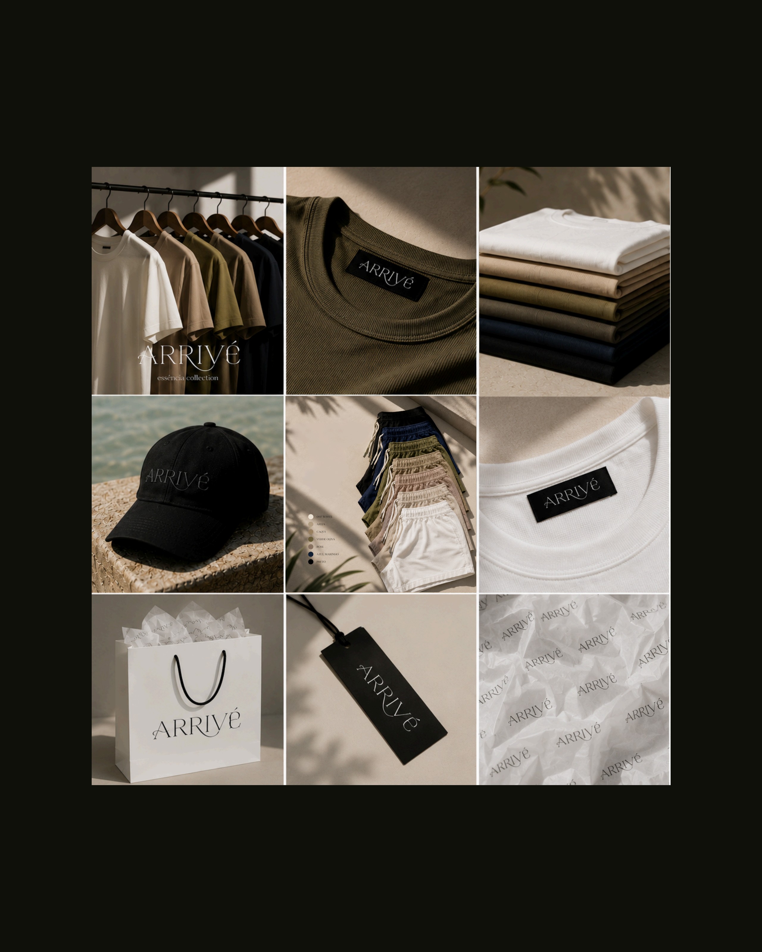 Essência collection ARRIVÉ — arara de camisetas, etiquetas e embalagem