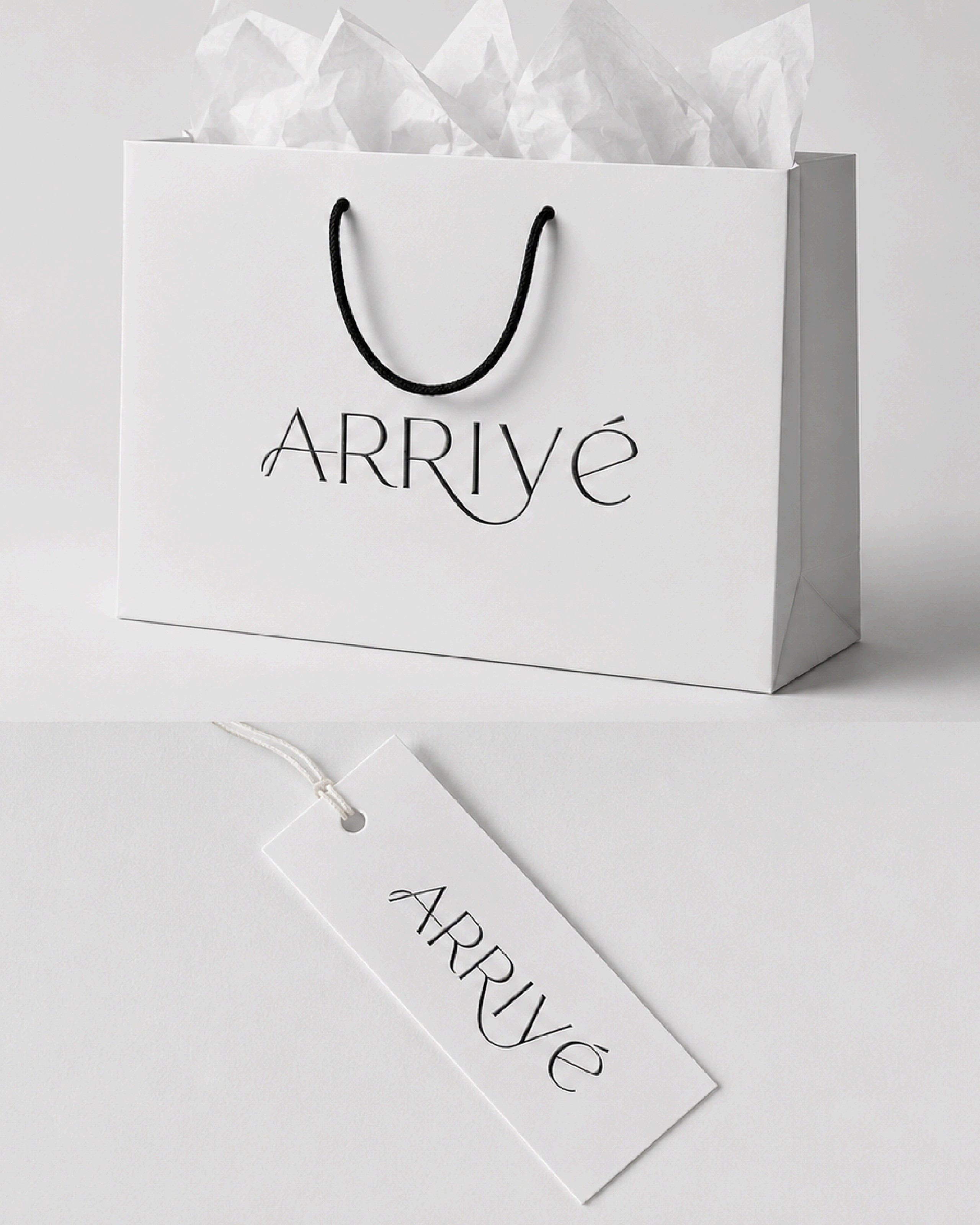 Sacola branca ARRIVÉ com papel de seda e hang tag